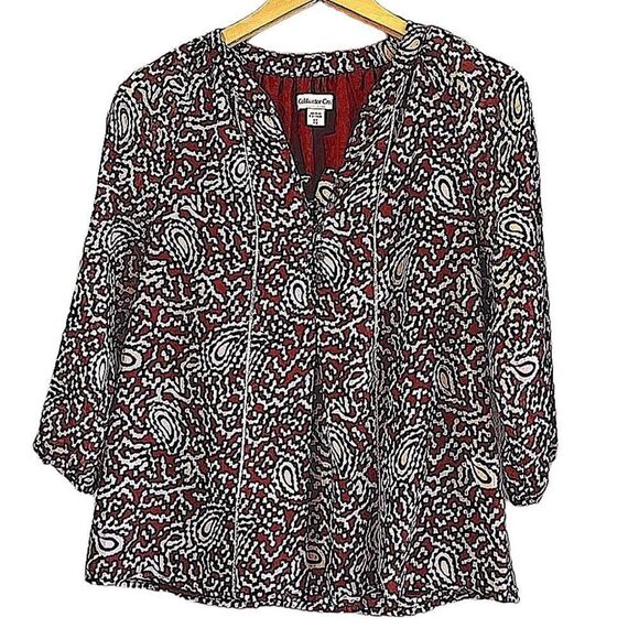 Coldwater Creek Burgandy Modern Paisley Print Puff Sleeve Blouse XS - Picture 1 of 13
